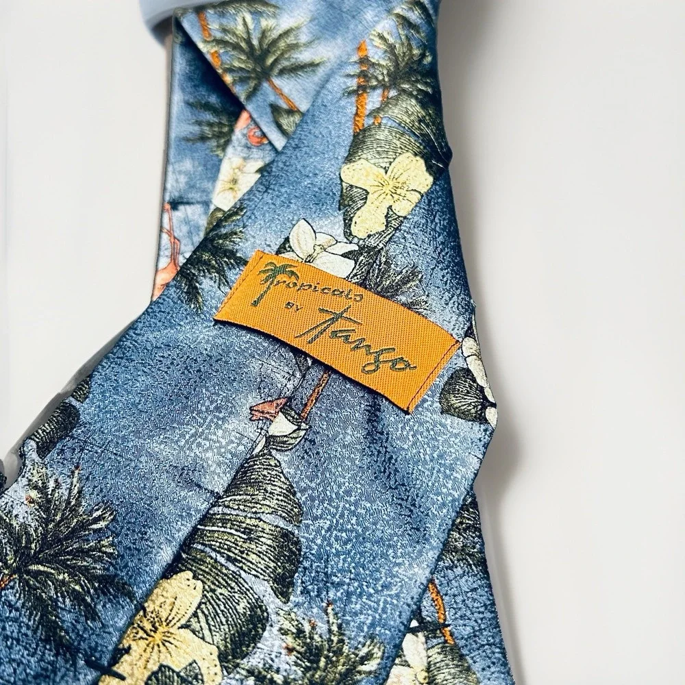 Tropicals by Tango Mens Silk Tie Blue Flamingo Palm Tree Floral USA 58x4 Vintage